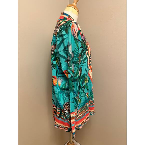 Johnny Was Tiana Swing Sweater Cardigan Single Button Teal Leopard Floral Sz S - Picture 4 of 8